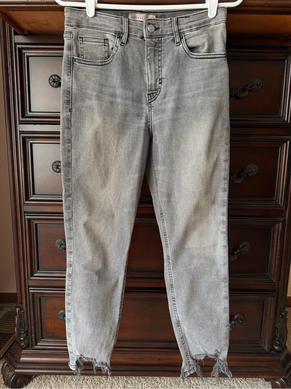 Topshop Gray Washed Skinny Jeans with Distressed Hem